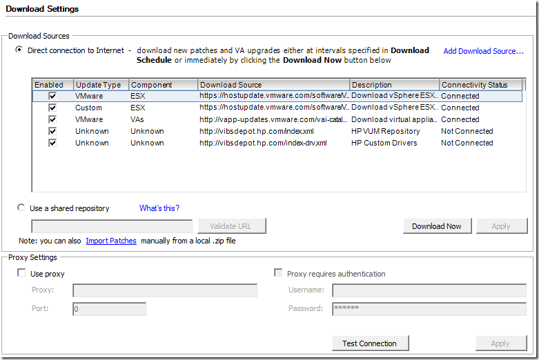 VMware Update Manager Download Settings