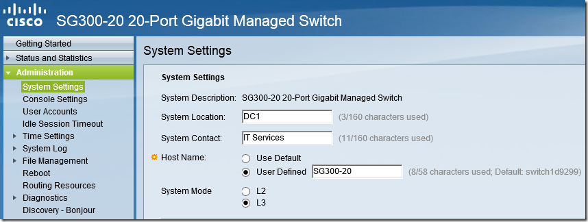 Cisco SG300 Administration System Settings L3 System Mode