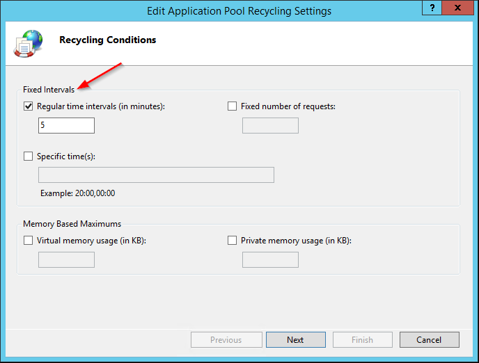 Edit Application Pool Recycling Settings 5 Minute New Value