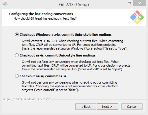 Git Setup - Choosing the line ending conversions