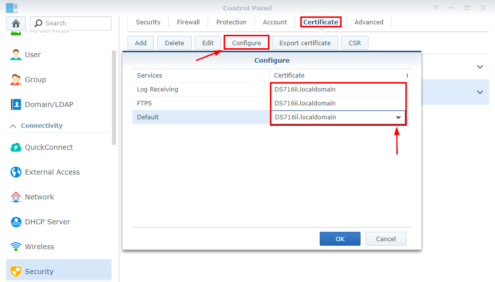 Synology Configure Certificate For Services