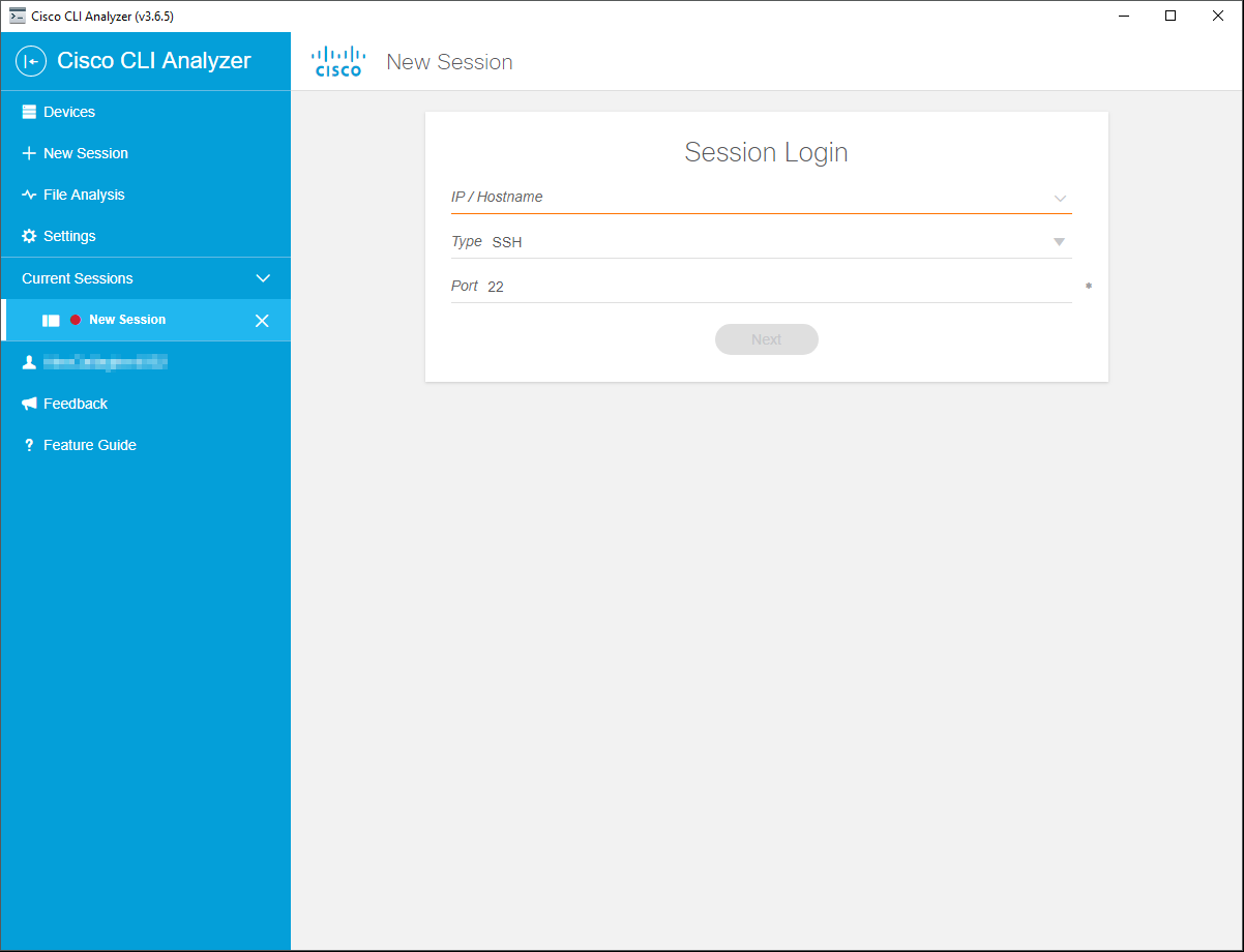 Cisco CLI Analyzer - New Session Tab