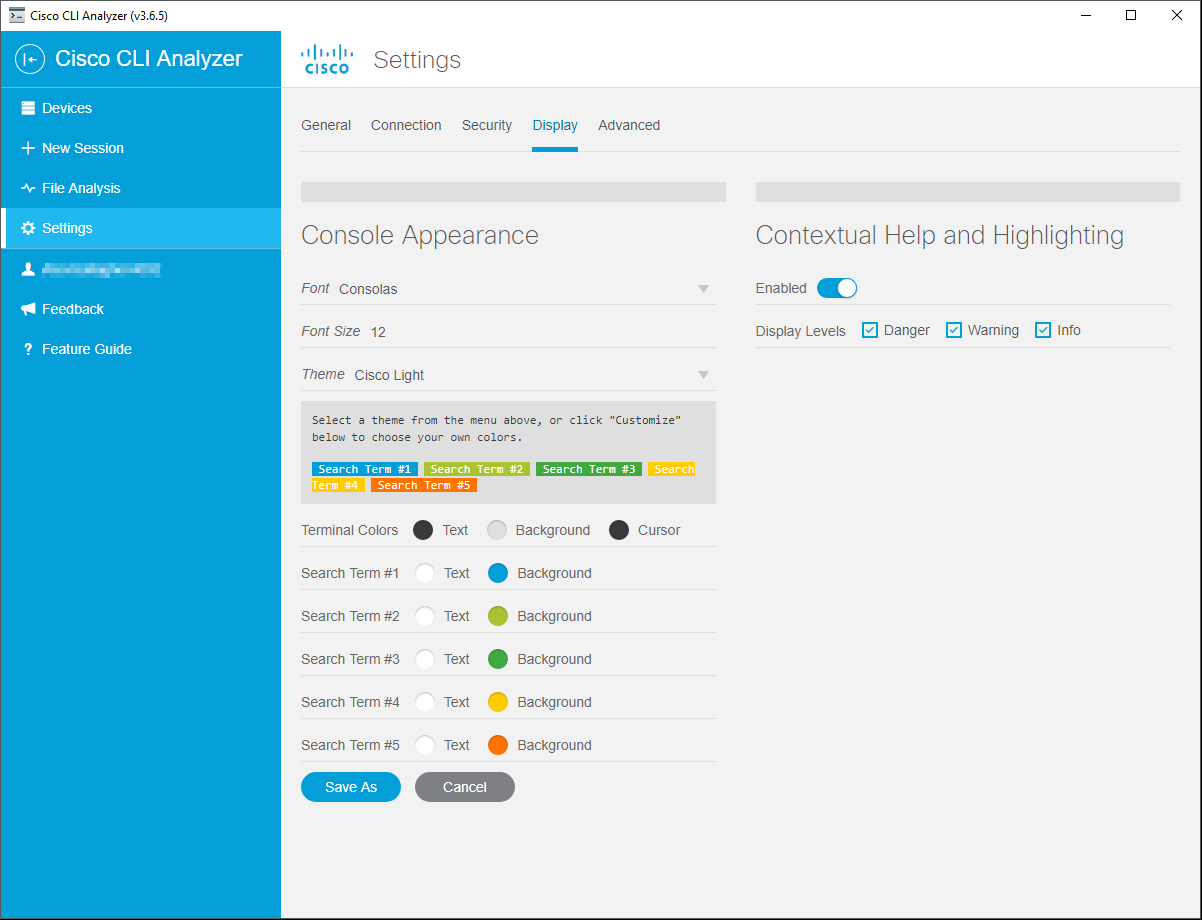 Cisco CLI Analyzer - Settings Tab - Display